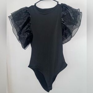 Bodysuit with Ruffle Sleeves Black Party Evening Large